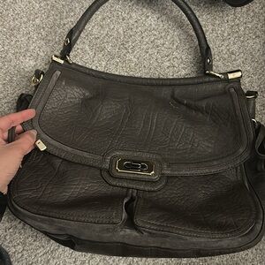 Coach Grey Shoulder Bag with Textured Leather and Metallic Clasp